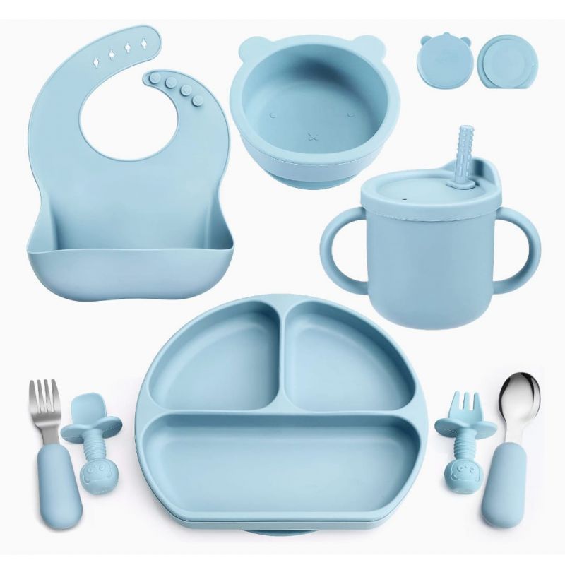 Silicone Baby Feeding Set, Baby Led Weaning Supplies with Suction Bowl Divided Plate, Toddler Self Feeding Dish Set with Spoons Forks Sippy Cup Adjustable Bib