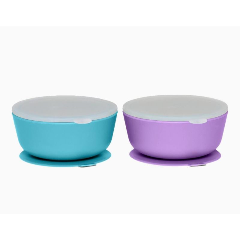 WeeSprout Suction Bowls for Baby & Toddlers (Set of 2) - 100% Silicone w/Plastic Lid - Leak Proof Feeding Supplies - Dishwasher & Microwave Safe Infan