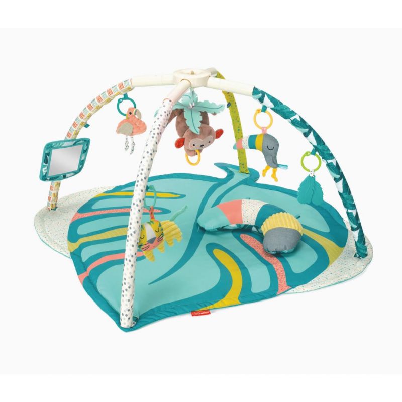 Infantino 4-in-1 Deluxe Twist & Fold Activity Gym & Play Mat, Tropical - Includes linkable Toys, Musical Monkey, Mirror and Bolster Pillow, for Newborns, Babies and Toddler