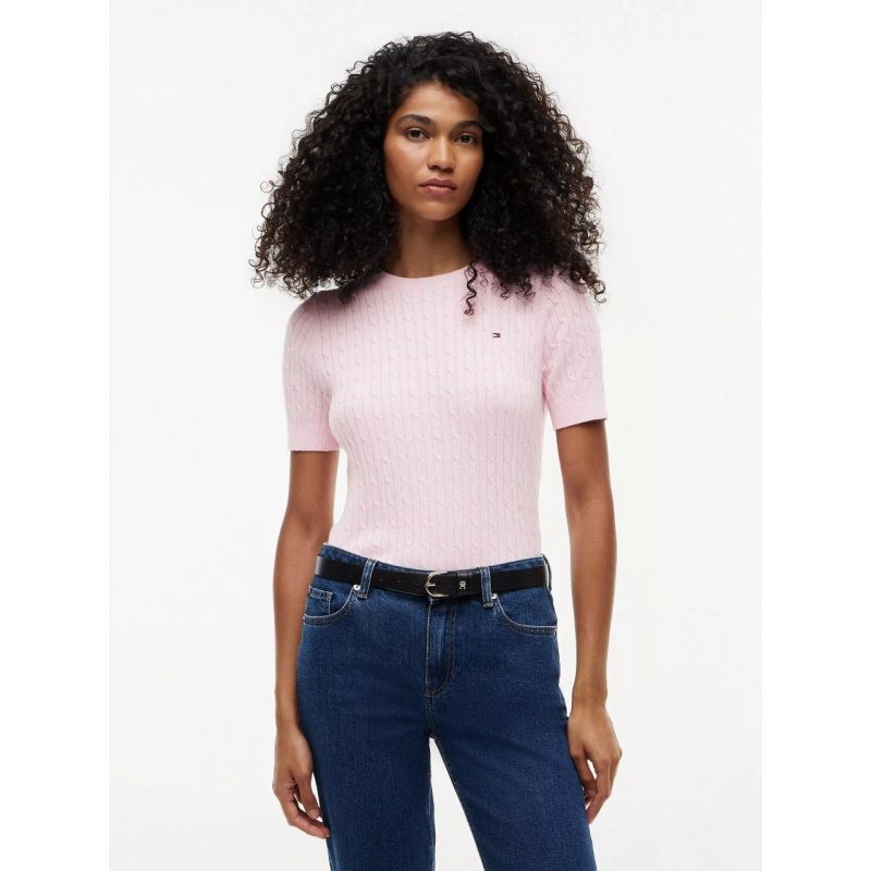 Short-Sleeve Cable Knit Sweater