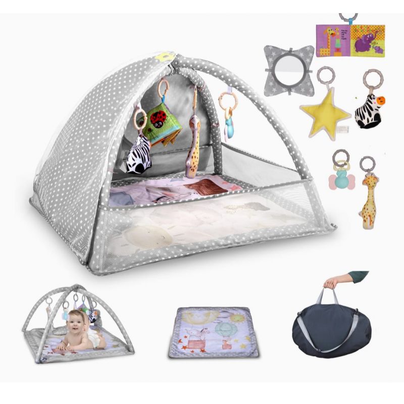 6-in-1 Baby Play Gym Activity Center with Mosquito Net | Foldable Baby Play Mat for Floor with Sunproof Canopy | Portable Tummy Time Mats for Babies 0-12 Months (Grey)
