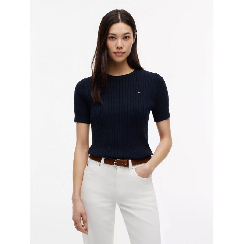 Short-Sleeve Cable Knit Sweater