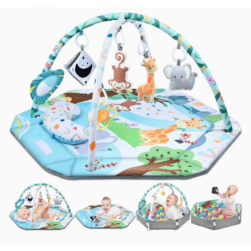 Baby Gym Play Mat, 8-in-1 Tummy Time Mat & Ball Pit with 6 Toys, Washable Baby Activity Play Mat for Visual, Hearing, Sensory, Motor Development, Baby Toys Gift for Toddler Infant 0-3-6-9-12 Months
