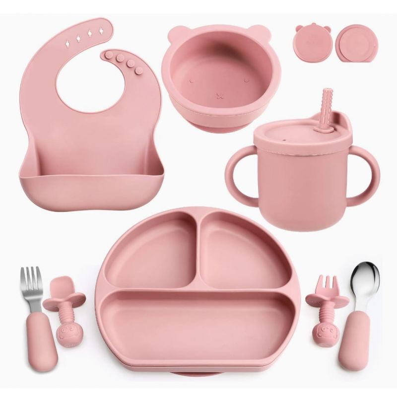 Silicone Baby Feeding Set, Baby Led Weaning Supplies with Suction Bowl Divided Plate