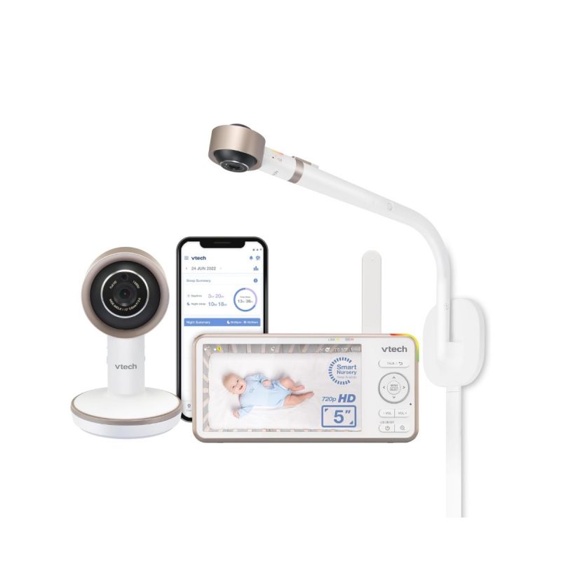 VTech V-Care VC2105 1080p FHD Over-The Crib Mount Smart Baby Monitor 5” 720p LCD Screen,Table Stand,Remote Access,Versatile Placement,Intelligence Detection, Sleep Analysis,24 hrs Recording,with WiFi