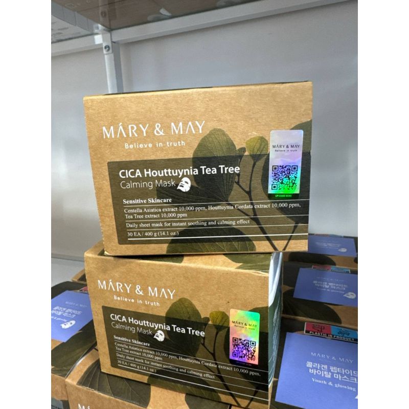Mary & May CICA Houttuynia Tea Tree Calming Mask e uma mascara facial calmante que combina centella asiatica, houttuynia e tea tree para suavizar irritacoes, reduzir vermelhidao e acalmar peles sensiveis.