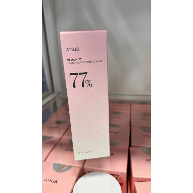 Anua Peach 77 Niacin Conditioning Milk combina pessego e niacinamida para hidratar, nutrir e melhorar a elasticidade da pele, deixando-a mais luminosa, uniforme e fortalecida.