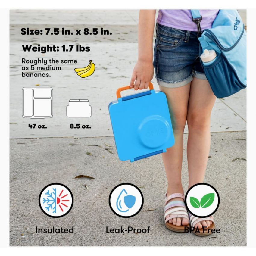OmieBox Bento Box for Kids - Insulated Lunch Box with Leak Proof Thermos Food Jar - 3 Compartments, 2 Temperature Zones (Blue Sky)