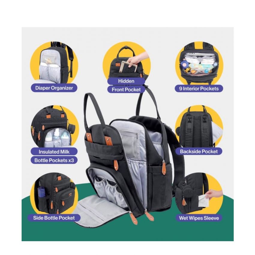 BabbleRoo Diaper Bag Backpack - Multi function Waterproof Diaper Bag, Travel Essentials Baby Tote with Changing Pad, Stroller Straps & Pacifier Case - Unisex, black 