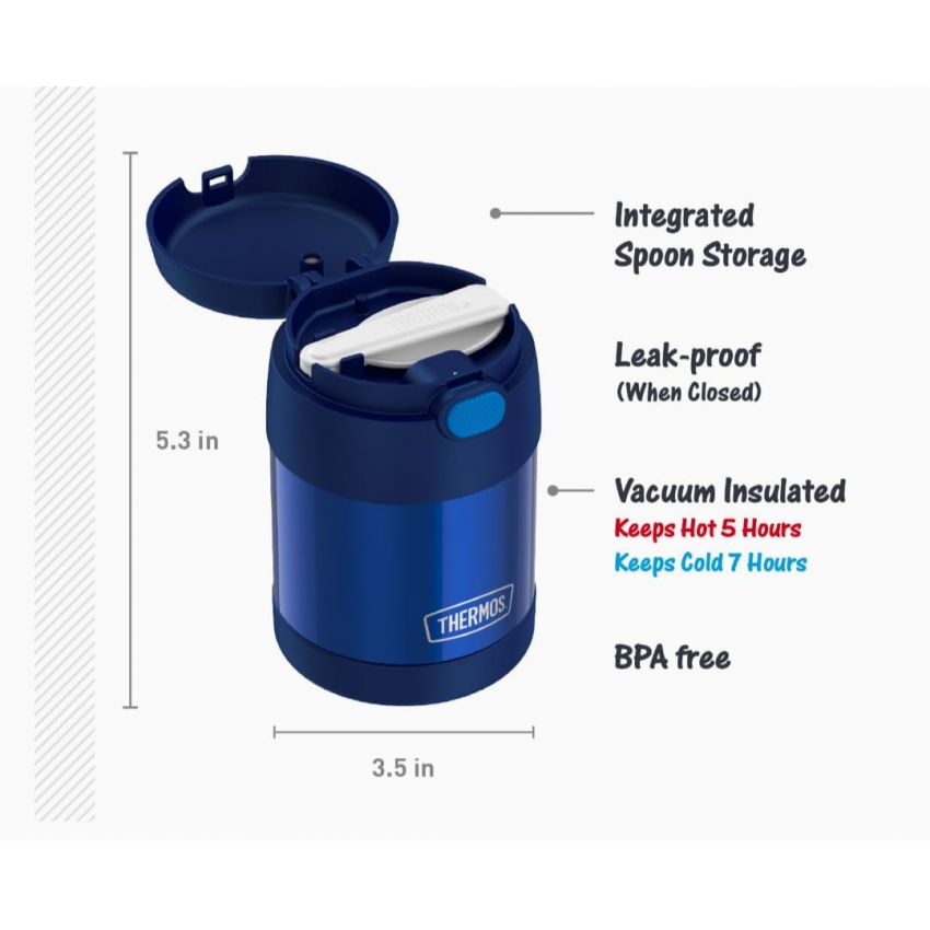 THERMOS FUNTAINER Insulated Food Jar – 10 Ounce, Navy – Kid Friendly Food Jar with Foldable Spoon