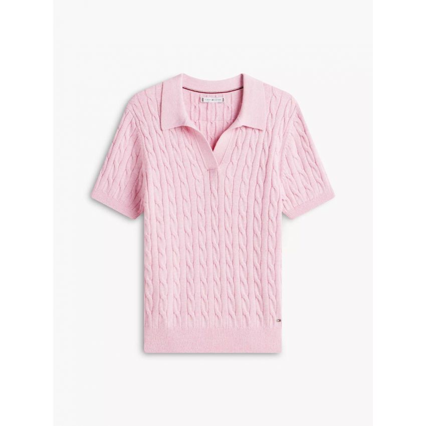 Short-Sleeve Cable Knit Polo Sweater