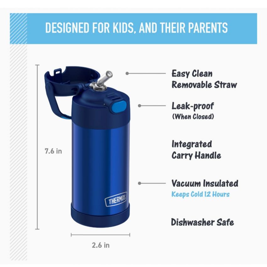 THERMOS FUNTAINER 12 Ounce Stainless Steel Vacuum Insulated Kids Straw Bottle, Blue