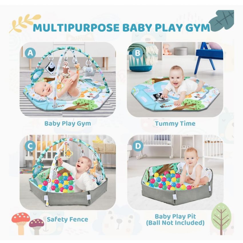 Baby Gym Play Mat, 8-in-1 Tummy Time Mat & Ball Pit with 6 Toys, Washable Baby Activity Play Mat for Visual, Hearing, Sensory, Motor Development, Baby Toys Gift for Toddler Infant 0-3-6-9-12 Months