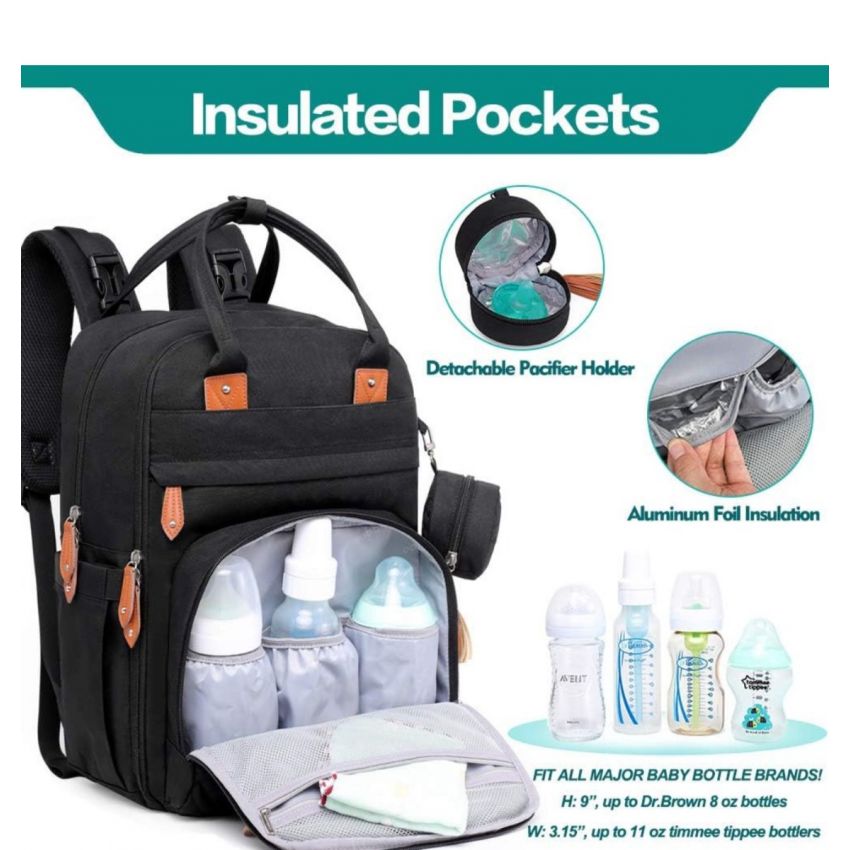 BabbleRoo Diaper Bag Backpack - Multi function Waterproof Diaper Bag, Travel Essentials Baby Tote with Changing Pad, Stroller Straps & Pacifier Case - Unisex, black 