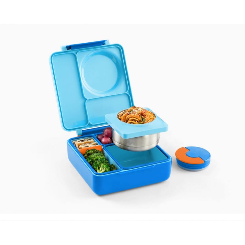 OmieBox Bento Box for Kids - Insulated Lunch Box with Leak Proof Thermos Food Jar - 3 Compartments, 2 Temperature Zones (Blue Sky)