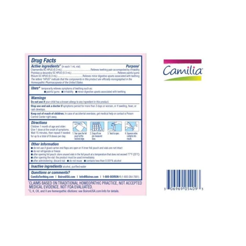 Boiron Camilia Teething Drops for Daytime and Nighttime Relief of Painful or Swollen Gums and Irritability in Babies - 30 Coun