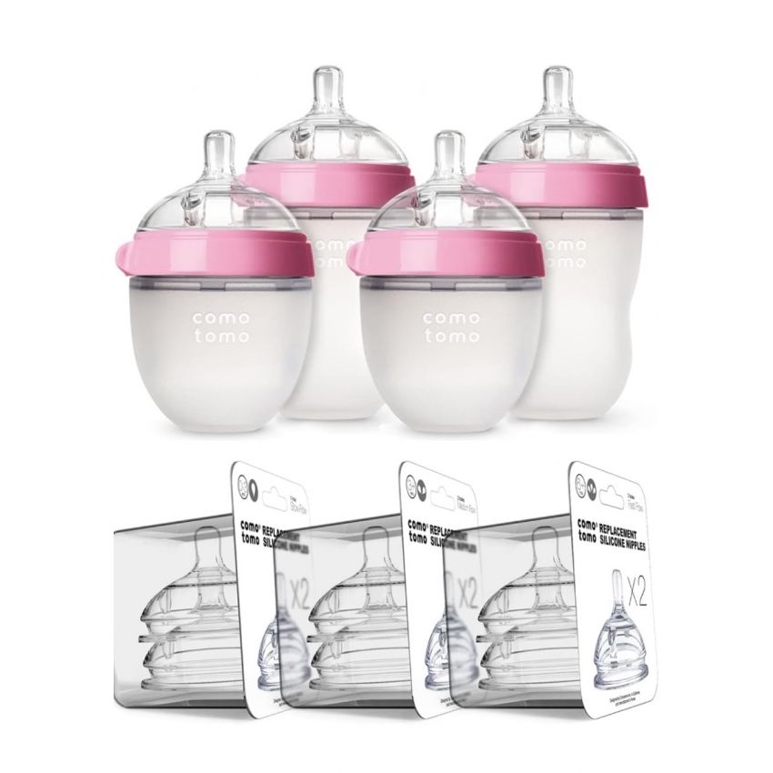 Comotomo Baby Bottle Bundle, Pink, (7 Piece Set)