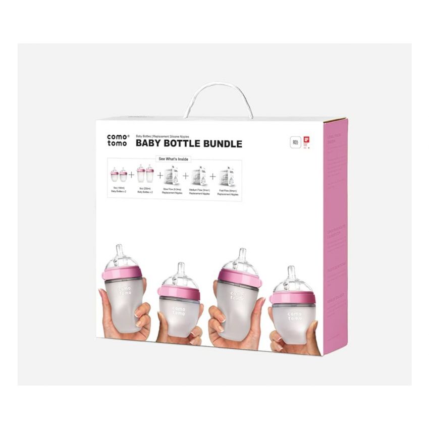 Comotomo Baby Bottle Bundle, Pink, (7 Piece Set)