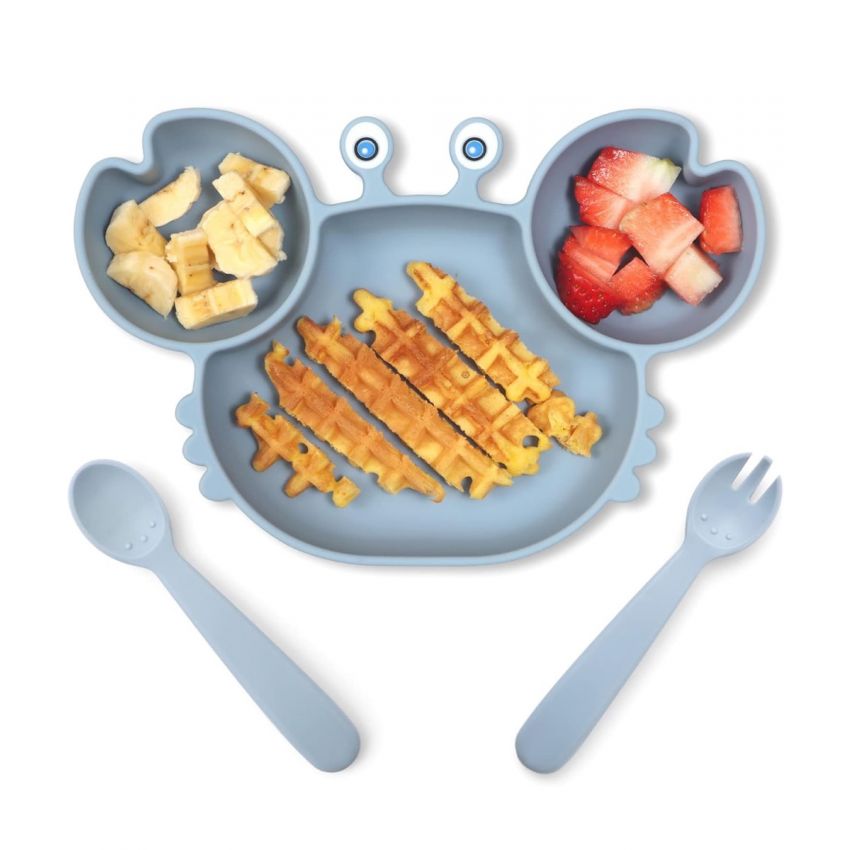  Suction Plates for Baby, Silicone Plates with Suction Divided, Baby Spoon Fork Set for Toddler Baby Dishes Kids Utensils-Crab Dusty Blue