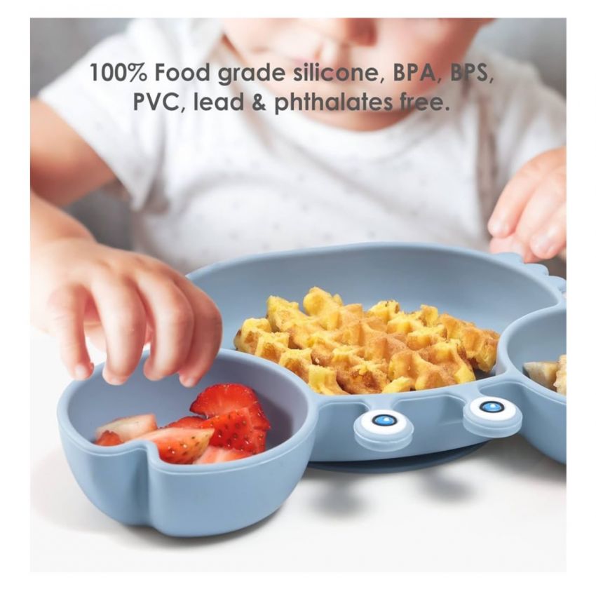  Suction Plates for Baby, Silicone Plates with Suction Divided, Baby Spoon Fork Set for Toddler Baby Dishes Kids Utensils-Crab Dusty Blue