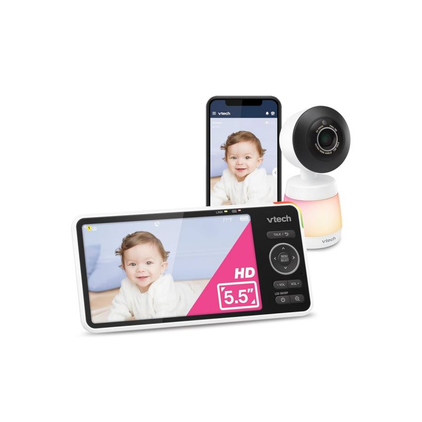 VTech Smart WiFi Baby Monitor, 2K CMOS Sensor Camera, 5.5-inch HD IPS Screen, Clear Infrared Night Vision, Pan-Tilt, 24x Zoom, 2-Way Talk, Multi-Color Night Light, Soothing, Free App: Smart HD Plus
