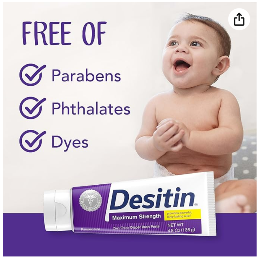 Desitin Maximum Strength Baby Diaper Rash Cream with 40% Zinc Oxide for Treatment, Relief & Prevention, Hypoallergenic, Phthalate- & Paraben-Free Paste, 4.8 oz