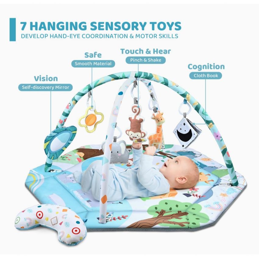 Baby Gym Play Mat, 8-in-1 Tummy Time Mat & Ball Pit with 6 Toys, Washable Baby Activity Play Mat for Visual, Hearing, Sensory, Motor Development, Baby Toys Gift for Toddler Infant 0-3-6-9-12 Months
