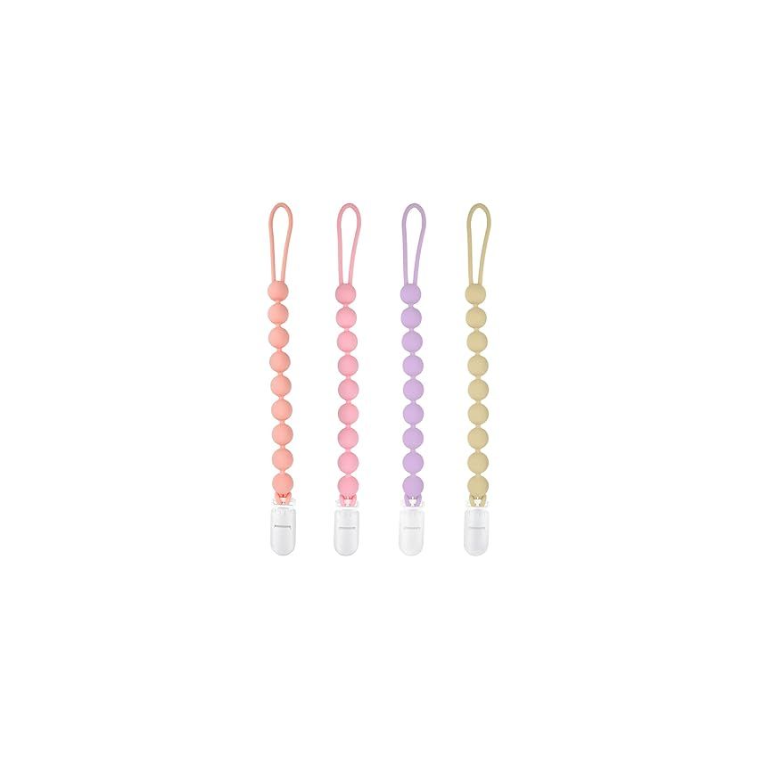 Silicone Pacifier Clip Holder, 4 Pack One Piece Soft Flexible Binky Clips Pacifier Holder Clip for Girls
