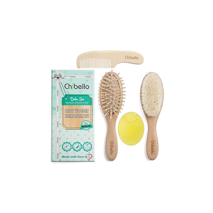 Chibello 4 Piece Wooden Baby Hair Brush and Comb Set Natural