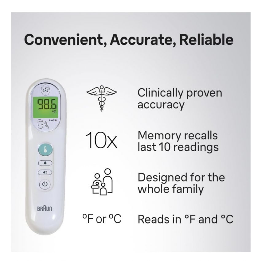 Braun No Touch 3-in-1 Thermometer, BNT100 - Professional Accuracy and Color Coded Fever Guidance for Babies