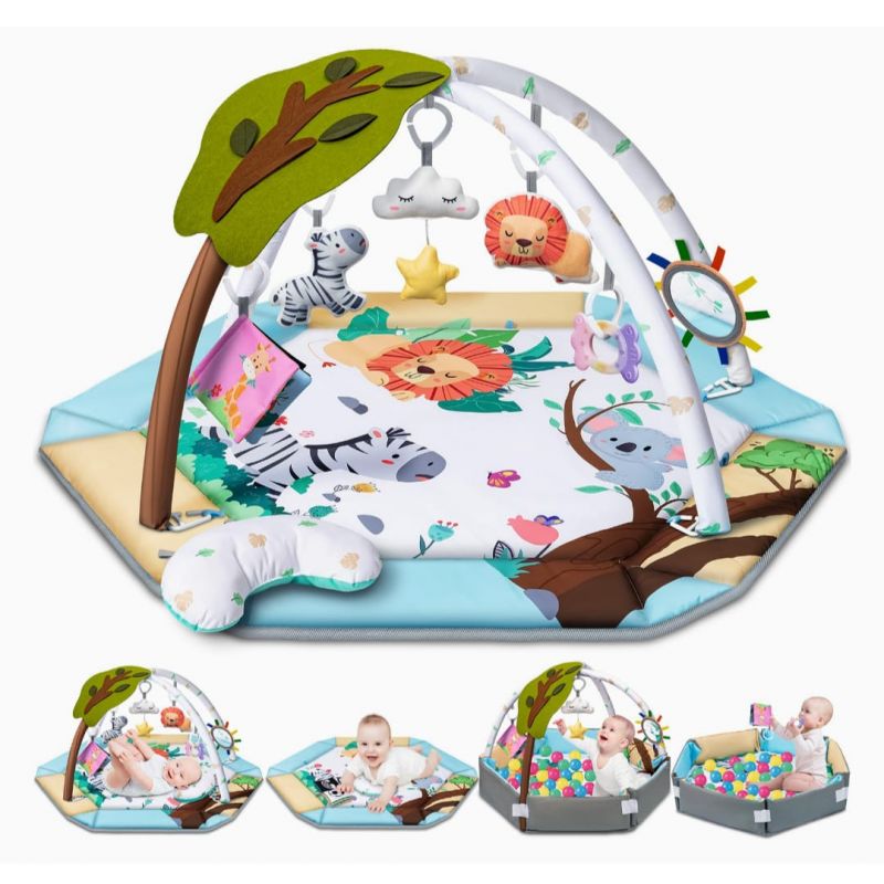 Baby Gym Play Mat, 8-in-1 Tummy Time Mat & Ball Pit with 6 Toys, Washable Baby Activity Play Mat for Visual, Hearing, Sensory, Motor Development, Baby Toys Gift for Toddler Infant