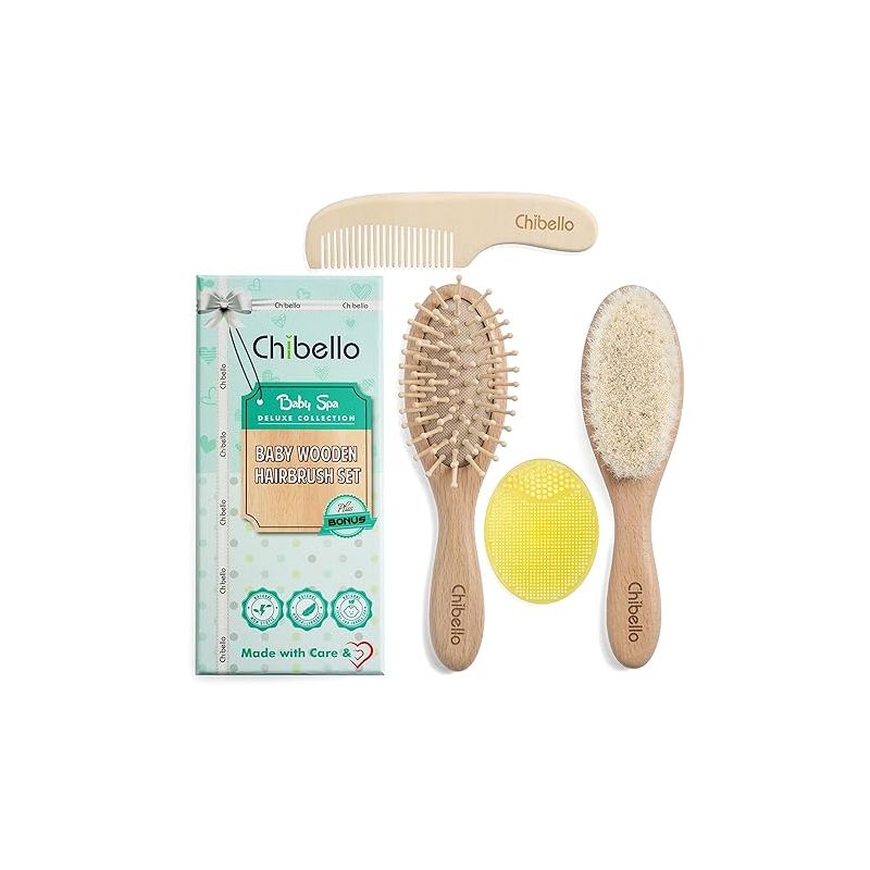 Chibello 4 Piece Wooden Baby Hair Brush and Comb Set Natural
