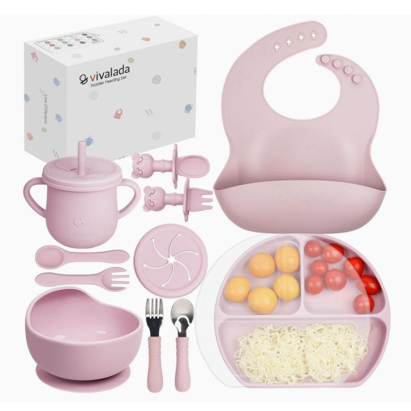 Silicone Baby Feeding Set, 12PCS Baby Led Weaning Supplies, Baby Suction Plate with Lid and Bowl Set