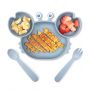  Suction Plates for Baby, Silicone Plates with Suction Divided, Baby Spoon Fork Set for Toddler Baby Dishes Kids Utensils-Crab Dusty Blue